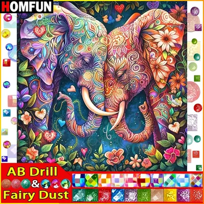 HOMFUN Fairy Dust AB Full Diamond Embroidery "Animal Elephant" Diamond Painting Patterns Rhinestone