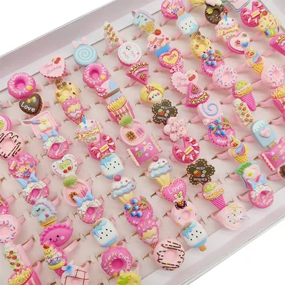 30/100pcs/Lot Wholesale New Cute Kids Finger Rings Party Pink Candy Ice Cream Donuts Cake Child