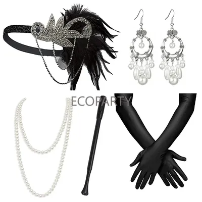 20s Costume Flapper Headband Pearl Necklace Bracelet Earring Glove Cigarette Holder 1920s Great