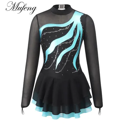 Rhinestone Figure Skating Dress Kid Girl Long Sleeve Bronzing Ballet Gymnastics Leotard Ballroom