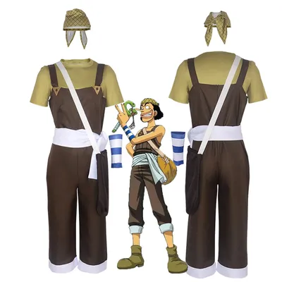 Anime Usopp Cosplay Costume Brown Rompers White T Shirt Scraft White Waist Band Bag Halloween