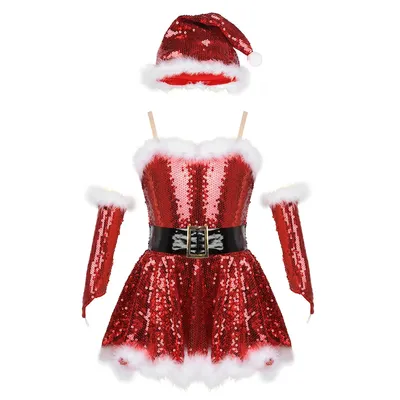 Kids Girls Christmas Dance Costume Outfit Sequins Figure Ice Skating Ballet Dance Leotard Stage