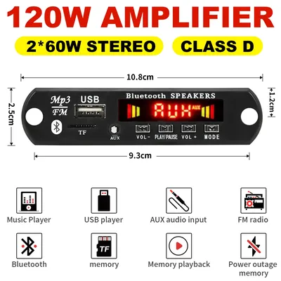 2*60W Amplifier HiFi Stereo MP3 Decoder Board 8-24V 120W Bluetooth5.0 Car FM Radio Module Support TF