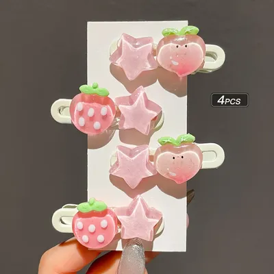 4pcs Women's Sweet Strawberry Star Hairpin Side Bangs Duckbill Hairpin Hair Accessory