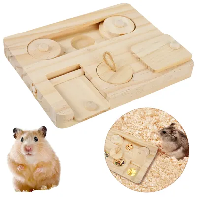 Wooden Guinea Pig Foraging Toy Treat Dispenser Toy with 6 Food Holes Interactive Hamsters Foraging