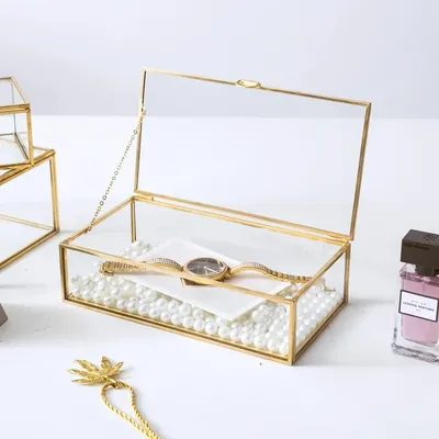1/2Pcs Glass Jewelry Box Transparent Golden Rectangular Vintage Jewelry Organizer for Home Ecklace