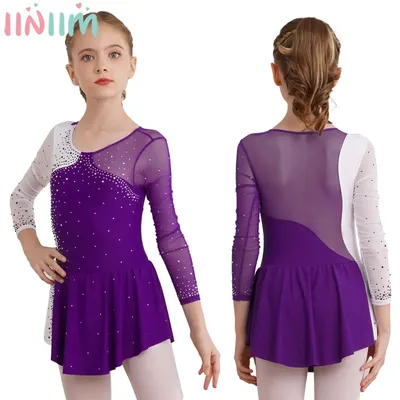 Kids Girls Figure Skating Leotard Dress Long Sleeve Shiny Rhinestone Sheer Mesh Dresses for Ballet