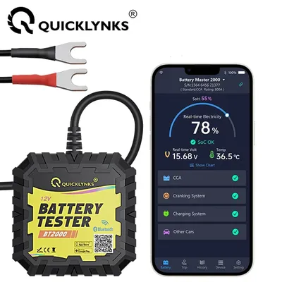 QUICKLYNKS BT2000 12V Battery Test Bluetooth Monitor Battery Cranking&Charging Test 100-2000 CCA for