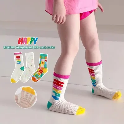 Kids Fashion Rainbow Socks Spring Summer Thin Socks Mid Calf Length Children's Socks Girls Boys Mesh