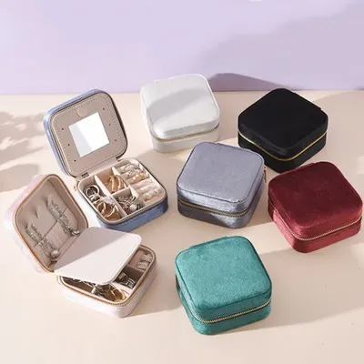 Plush Velvet Jewelry Box For Women Geometric Sqaure Jewelry Storage Case Necklace Ring Earrings
