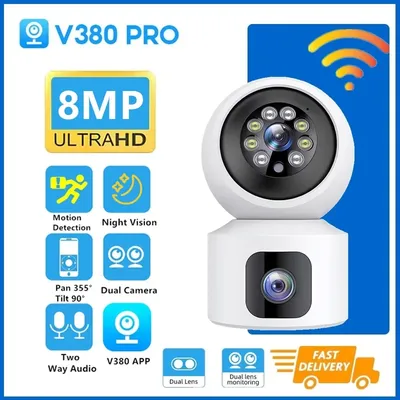 V380 Pro Dual Lens 8MP Wireless Camera WIFI Home Smart Protection Wireless CCTV Indoor Camera Two
