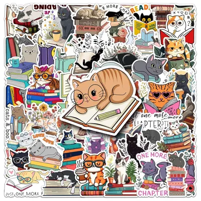 10/50Pcs Cute Funny Cat Reading Books Graffiti Stickers Aesthetic DIY Scrapbook Fridge Luggage