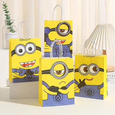 12/24pcs Despicable Me 4 Minions Birthday Theme Portable Paper Bag Cute Color Square Bottom Gift