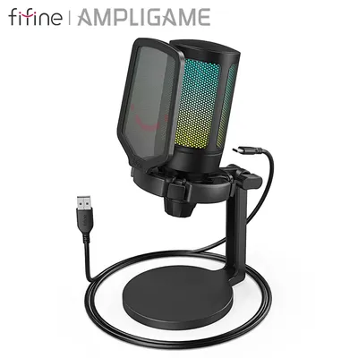 AmpliGame by FIFINE USB Gaming Microphone with RGB,Gain Knob,Touch Mute,Streaming Podcast Condenser