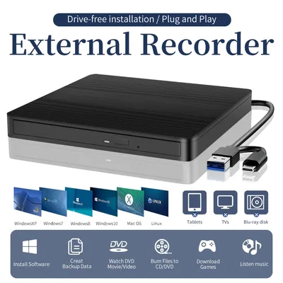 2in1 USB3.0 TypeC Slim External DVD VCD CD Writer Drive Burner Reader Player Optical Drives For