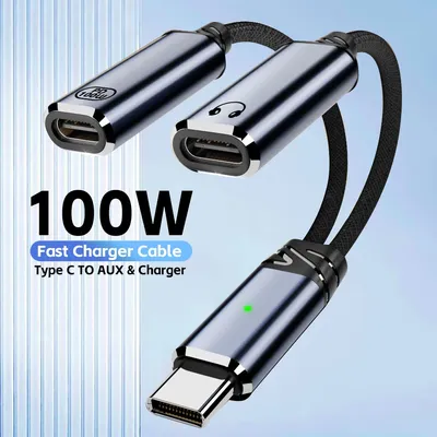 Dual USB C Headphone & Charger Adapter Splitter Fast Charging 2-in-1 Type C to USB-C Audio Adapter