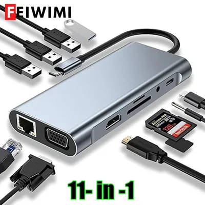 USB C HUB, USB C Adapter 11 in 1 Dongle with 4K HDMI/VGA/Type C PD/RJ45/ SD/TF Card Reader For
