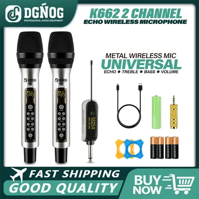2 Channel Metal Wireless Microphone with Echo Treble Bass Karaoke UHF Dual Handheld Dynamic Mic