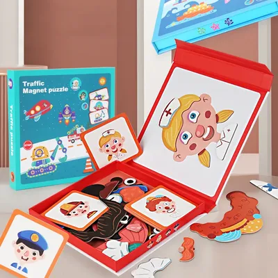 Wooden Jigsaw Magnetic Blocks Puzzle Book Board with Cards Face Change Clothing Change Marine Life