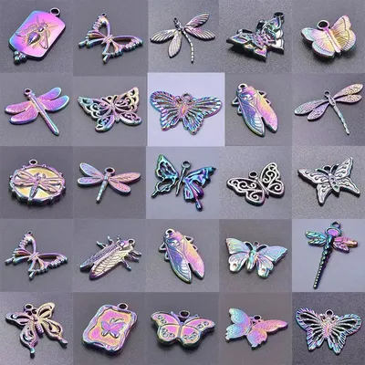 5PCS Stainless Steel Rainbow Color Insect Charm Butterfly Bee Cicada DIY Earrings Pendant Jewelry Making Necklace for Women Gift