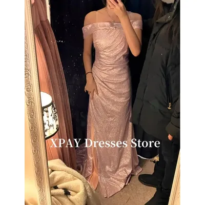 XPAY Glitter Rose Pink Chamapagne Evening Party Dresses Korea Wedding Photo shoot Off Shoulder Prom