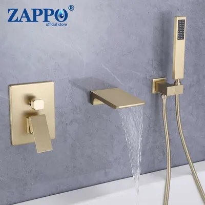 ZAPPO Brushed Gold Bathroom Bathtub Shower Set Waterfall Mixer Tap Wall Mount Solid Brass Shower