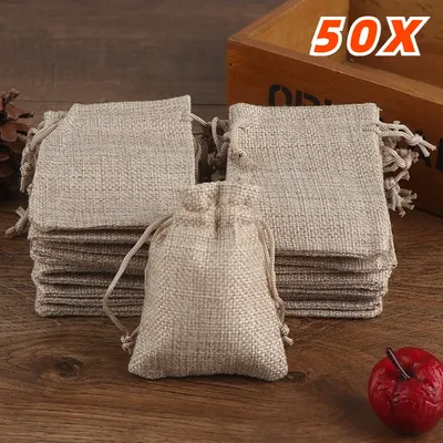 50PCS 13X18/10X15/9X12/7X9CM Drawstring Burlap Bag Jute Gift DIY Wedding Favor Gift Bag For