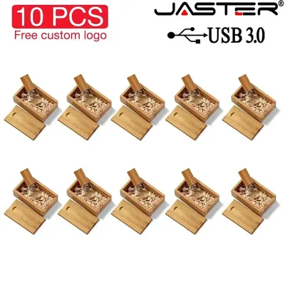 JASTER 10PCS/LOT USB 3.0 Flash Drives 128GB Wooden box Crystal Free Logo 64GB Pen Drive Memory Stick