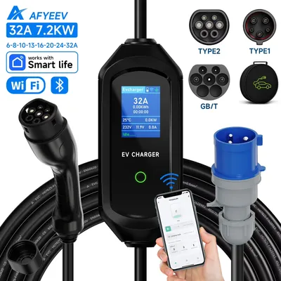 AFYEEV 32A 7.2KW Type2 Type1EV Charger Portable GB/T Electric Vehicle Charger EVSE Charging Cable