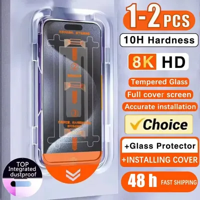 1-2Pcs 8K Dust Free HD Screen Protector For iPhone 17 16 14 13 12 11 15 Pro Max 16e X XS XR 7 8 Plus SE Easy Installation Glass