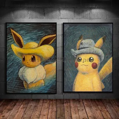 Van Gogh Museum Pokemon Anime Figures Pikachu Watercolor Painting Canvas HD Posters and Abstract Art