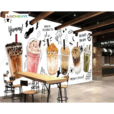 Papel de parede custom lovely bubble tea 3d wallpaper mural, restaurant coffee juice shop dining