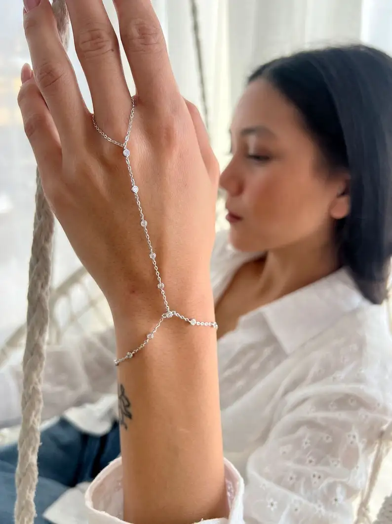925 Hand Bracelet, CZ Finger Bracelet, Sterling Silver Back Hand Bracelet, Slave Bracelet Ring, Rose Gold Hand Chain Bracelet