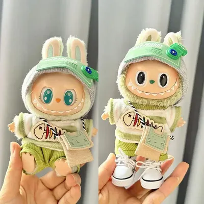 For 17cm Labubu clothes outfit V1 V2 baby green big fish satchel set cute Dolls Accessories Cute