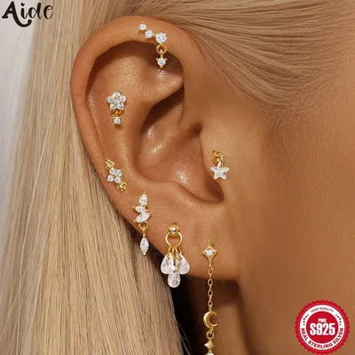 Aide 925 Sterling Silver Full Ear Dainty Piercing Ear Lobe Stud Earring for Women Helix Flat Earring