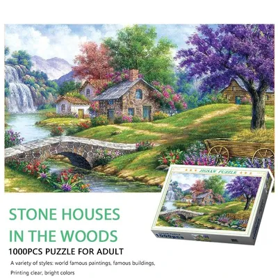 75*50cm Adult 1000PCS Paper Jigsaw Puzzle Stone Houses in The Woods Landscape Series Stress Relief