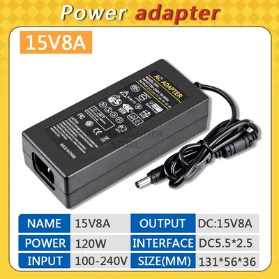 DC 15V8A Power Supply Adapter, AC 100-240V to DC 15V 8A Switching Transformer Jack 5.5mm x 2.5mm