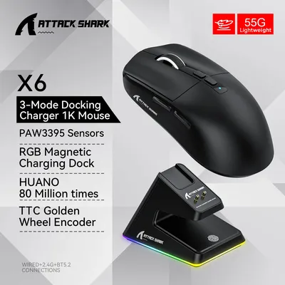 Attack Shark X6 Wireless Ergonomic Gaming Mouse Adjustable DPI Wired 2.4G/Bluetooth High Precision