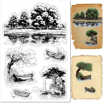 1Sheet Natural Scenery Clear Stamp for Card Making Trees Lake Background Rubber Stamps Reusable