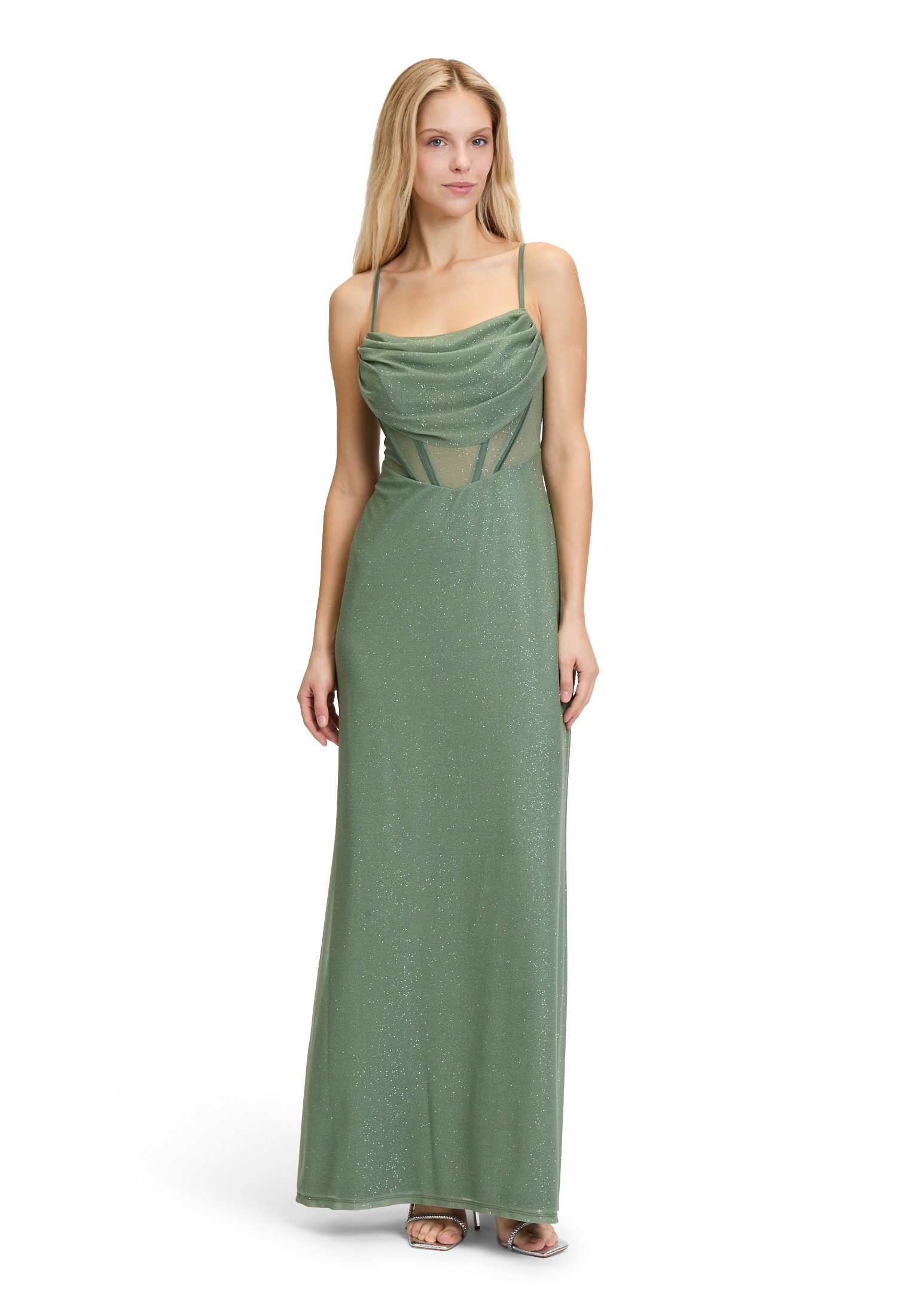 Abendkleid VERA MONT "Damen Abendkleid im Glitzer-Look", Damen, Gr. 40, Normalgrößen, grün (grün, grün), Netz, Obermaterial: 100% Polyester. Futter: 100% Polyester., Feminin, figurbetont lang, Wasserfallausschnitt, Kleider, Transparent Image