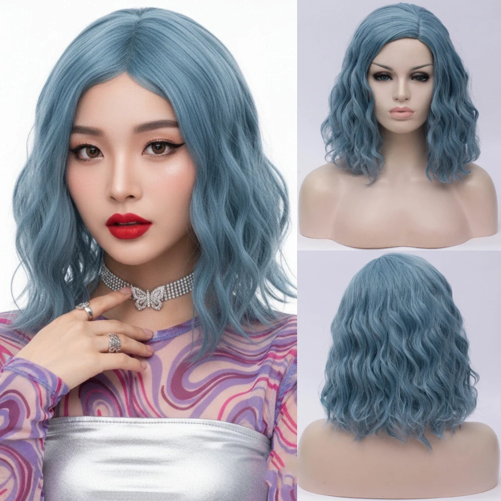 GAKA Frau Rosa Perücken Kurze Lockige Hitzebeständige Kunsthaar Grün für Schwarz Weiß Frauen Cosplay Bob Stil