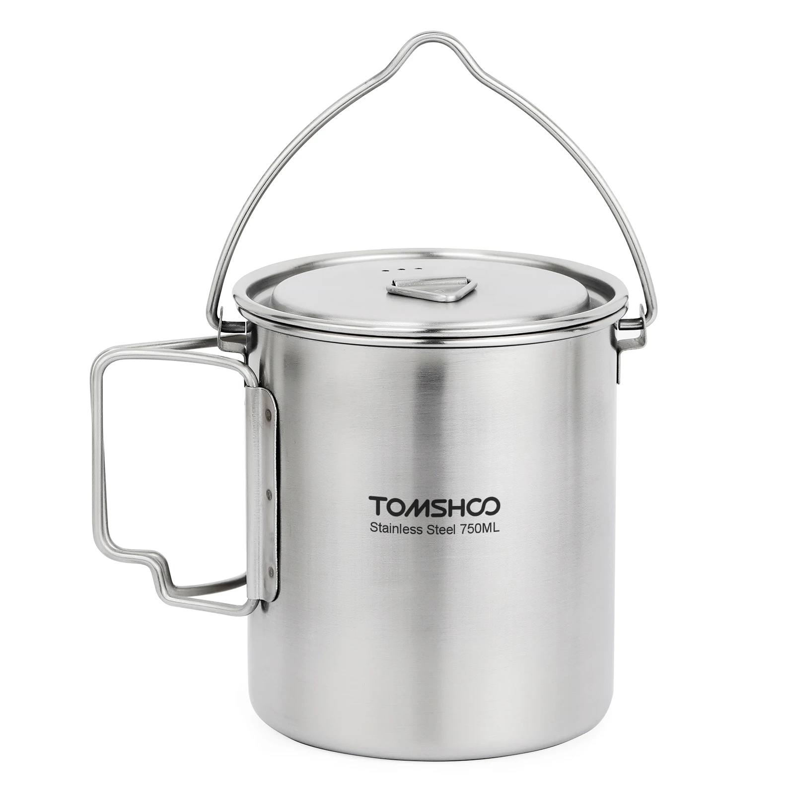 TOMSHOO 750 ml Edelstahltopf, tragbarer Wasserbecher, Tasse mit Deckel und faltbarem Griff, Outdoor, Camping, Kochen, Picknick Image