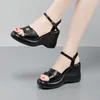 Peep Toe Weiß Leder Sandalen Für Frauen Sommer Schwarz Keil Heels Hohe Plattform 2021 Damen Elegante Kleid Strass Schuhe 32-43