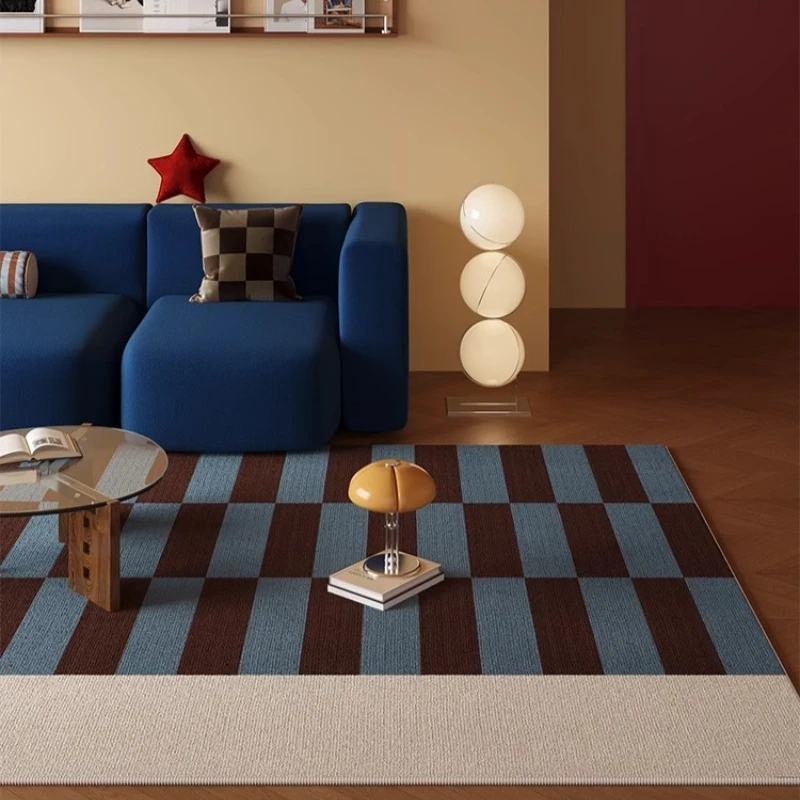 Koreanischer blau karierter gestreifter Wohnzimmerteppich, modische Schlafzimmer-Nachttisch-Bodenmatte, abwischbarer Couchtisch, Garderobe-Teppich, Teppiche • Daug Image