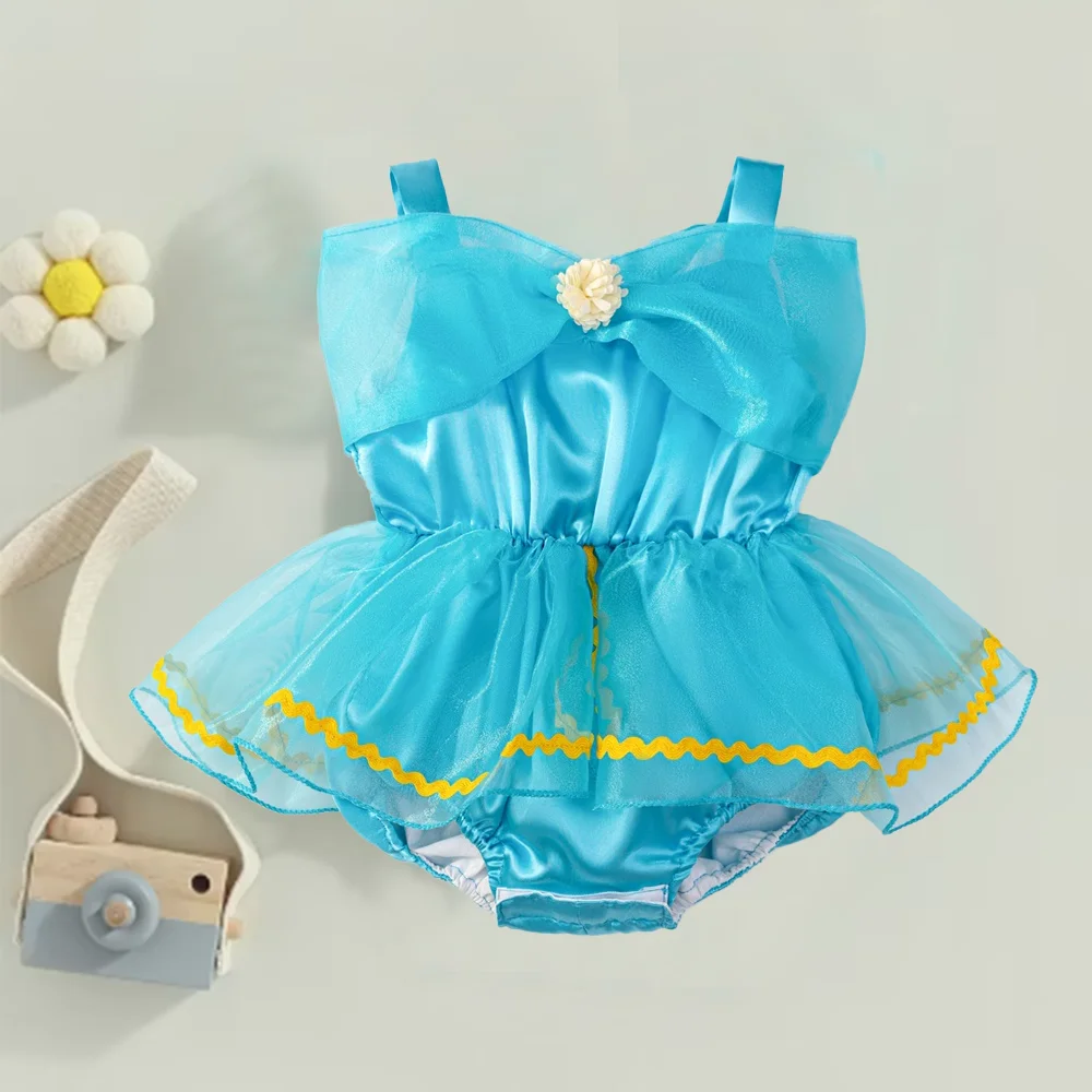 Säugling blau Kletterer Aladdin Tutu Kleid Baby Spitze ein schulter ige flauschige Kleider Sommer Prinzessin Kleid Kleinkind 1. Crawl Kleidung tragen Image
