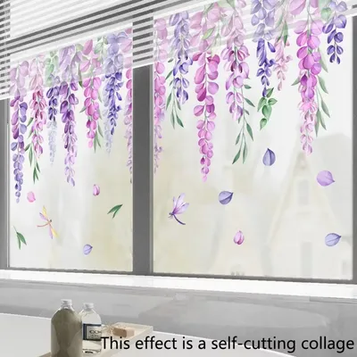 Lila Glyzinien-Blumen-Fensteraufkleber, elektrostatische Glassticker, Wohnzimmer, Schlafzimmer, Dekoration, Wandaufkleber, selbstklebend Image