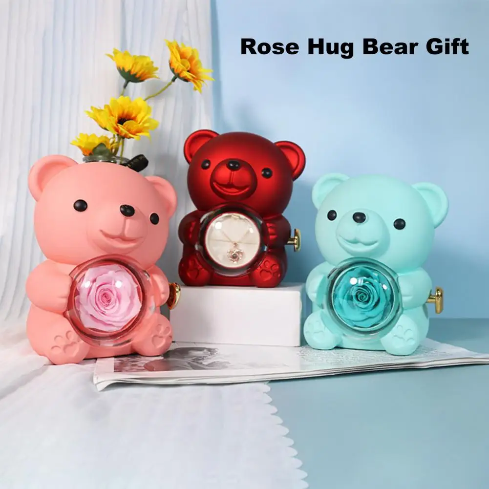 Coffret Cadeau Rose Éternelle HDPBear avec Collier Coeur, Boîte Cadeau Ours Fleur Éternelle Rotative, Cadeaux Saint Léon