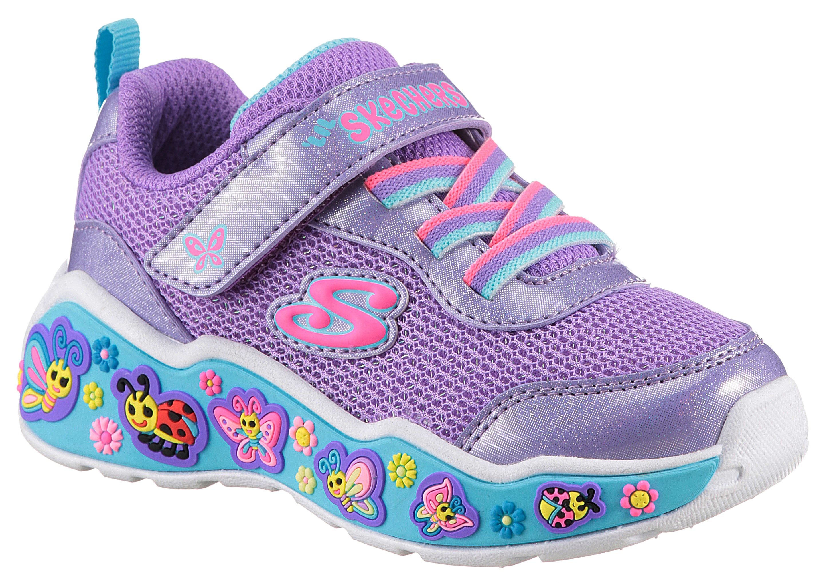 Lauflernschuh SKECHERS "PLAY SCENE-FUN SQUAD", Baby, Gr. 24, lila (lila kombiniert), Lederimitat, Mesh, animal-print, kontrastfarbene Details, Schuhe Lauflernschuh, Sneaker mit bunten Motiven verziert, Größenschablone zum Download