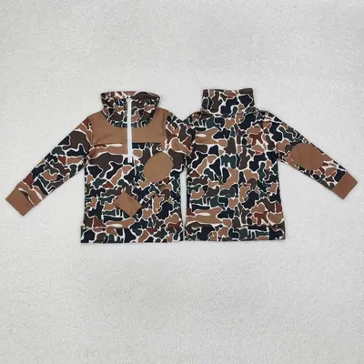 In Stock Boutique Baby Boy's Clothing Hunting Brown Camouflage Kids Zip Pullover Wholesale Long
