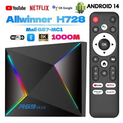 R69 PLUS Android 14 TV Box Allwinner H728 Octa-Core A55 CPU Mali G57 GPU WiFi 6 8K Video BT5.0+ 16GB-46GB Optional